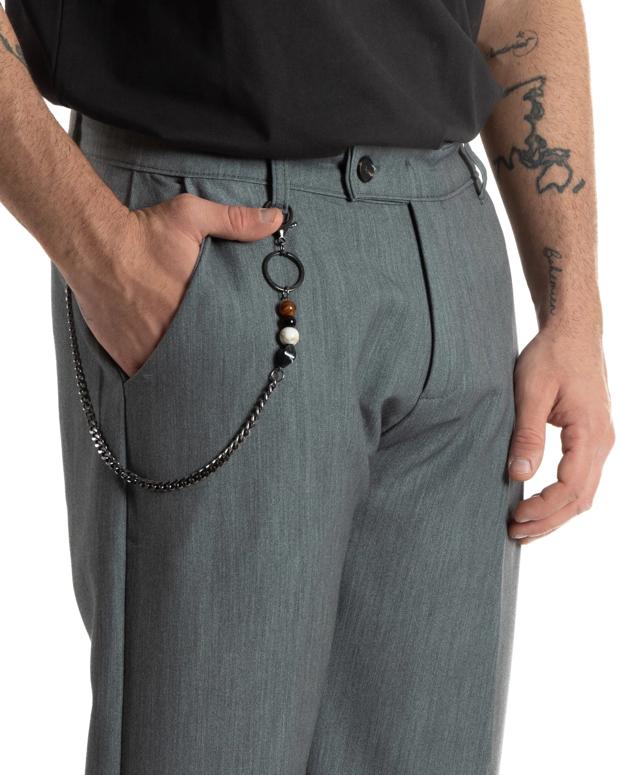 Pantaloni Uomo Viscosa Baggy Fondo Largo Tasca America Abbottonatura Allungata Casual Grigio GIOSAL-P5998A