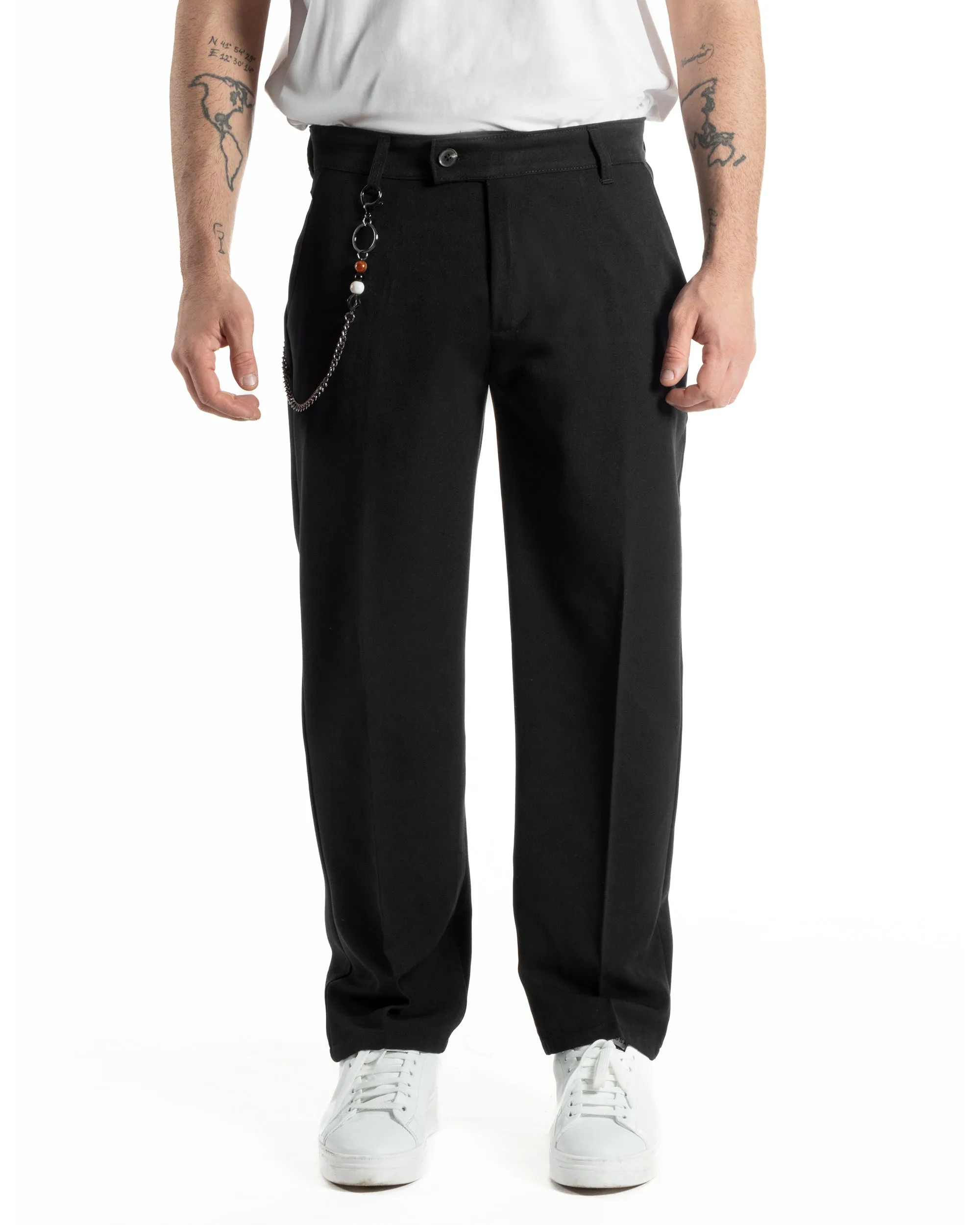 Pantaloni Uomo Viscosa Baggy Fondo Largo Tasca America Abbottonatura Allungata Casual Nero GIOSAL-P5999A