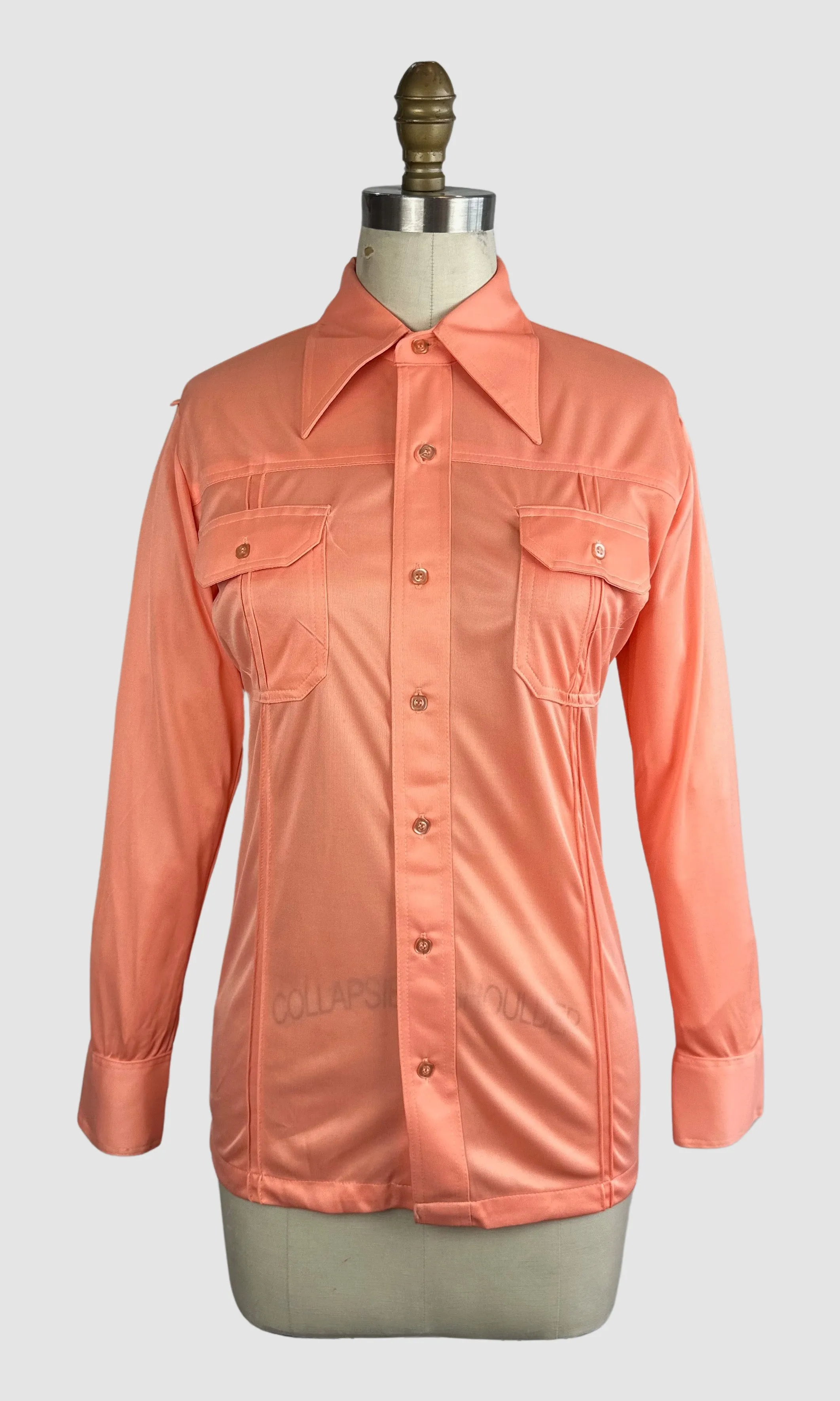 PIERRE FOSHEY 70s Deadstock Apricot Polyester Disco Shirt  Medium