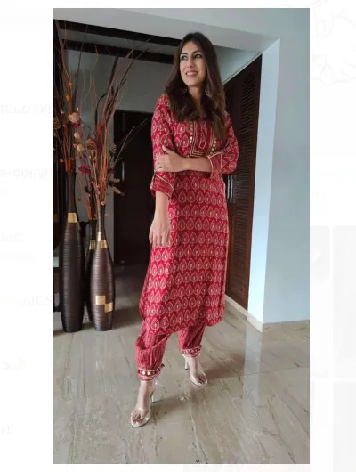 Red Coin Embroidery Women Kurti Set