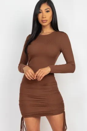 Ribbed long sleeve drawstring bodycon dress