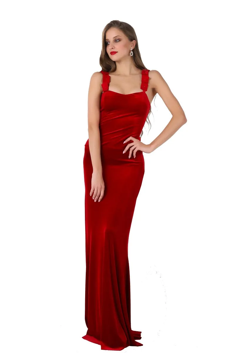 Satin Strapped Velvet Evening Dress