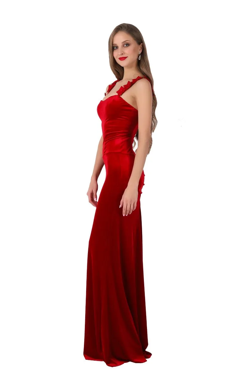 Satin Strapped Velvet Evening Dress