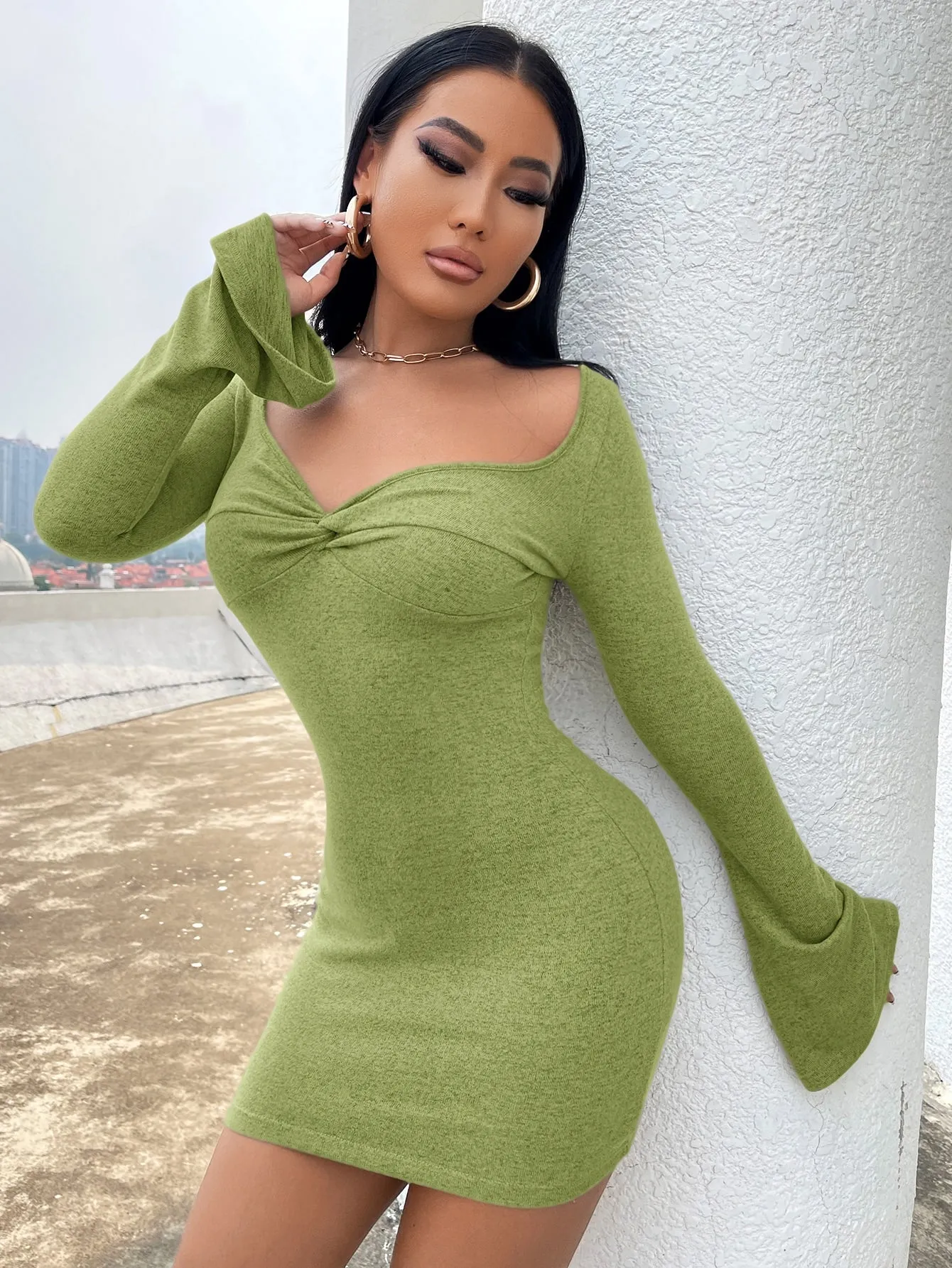 Twist Front Flounce Sleeve Bodycon Dress