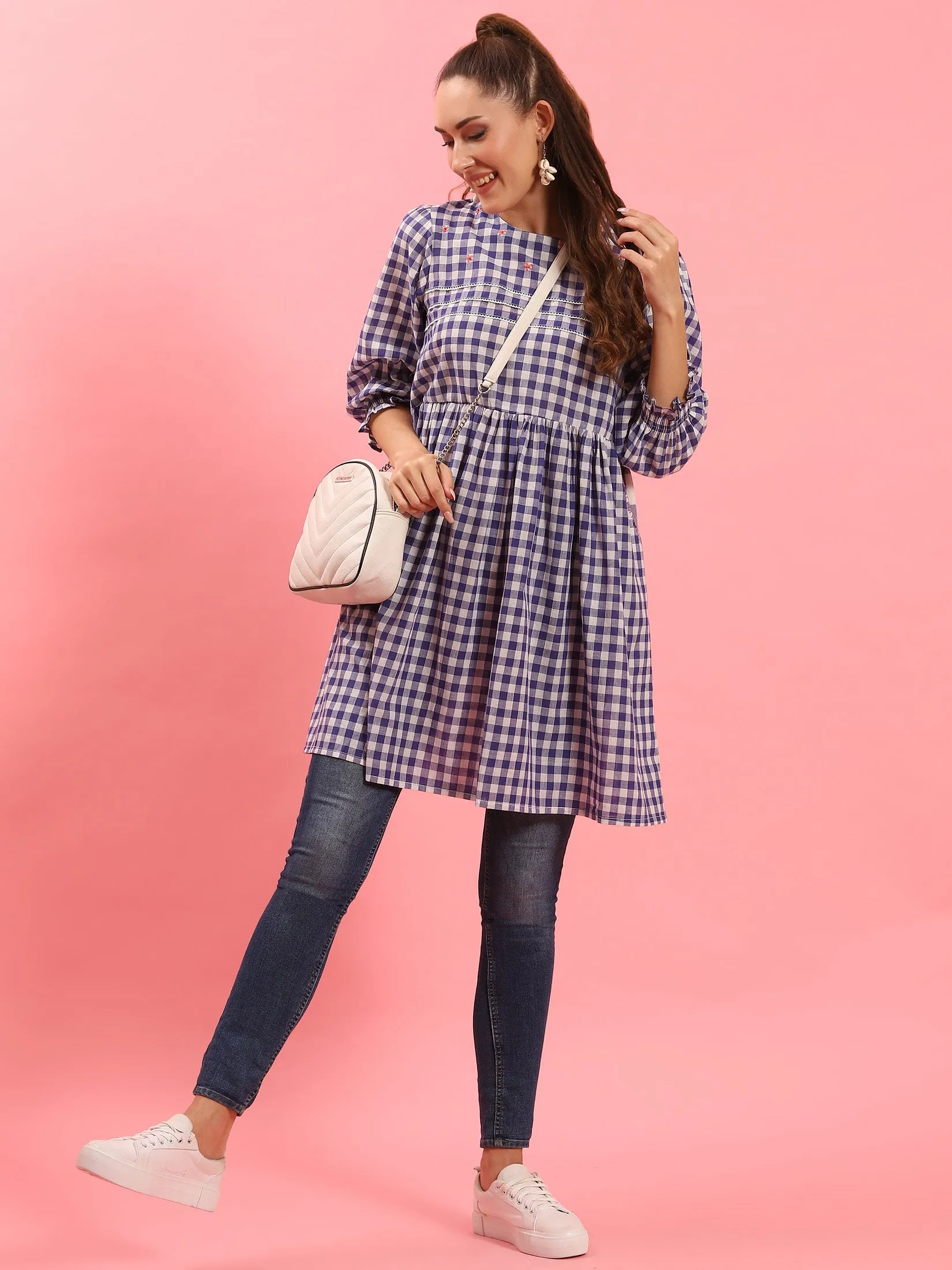 Women Blue Checked Short Dress