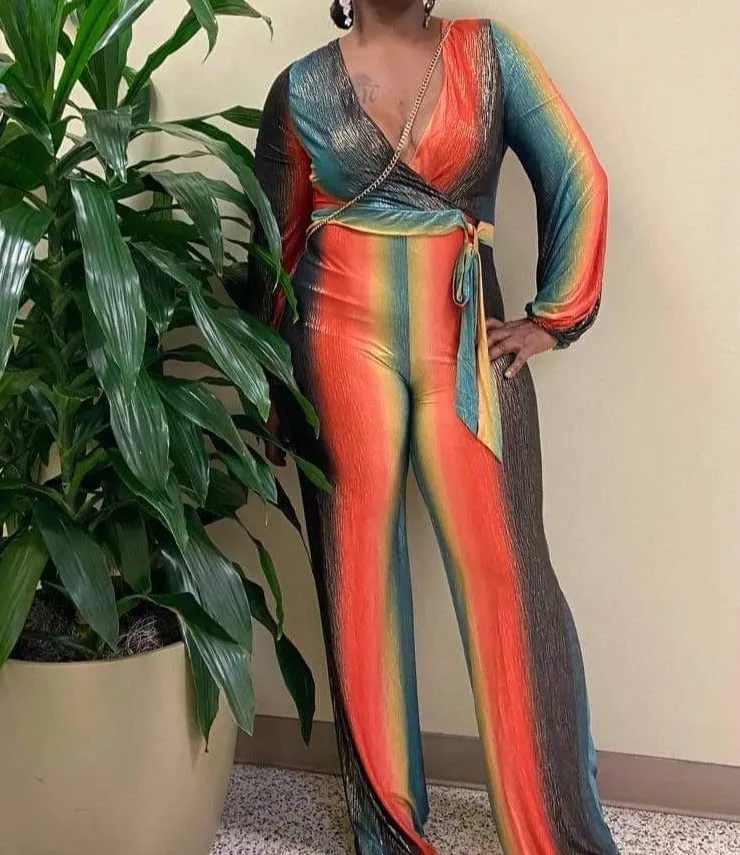 WOMEN FOIL PRINTED GRADIENT STRIPE JUMPSUIT