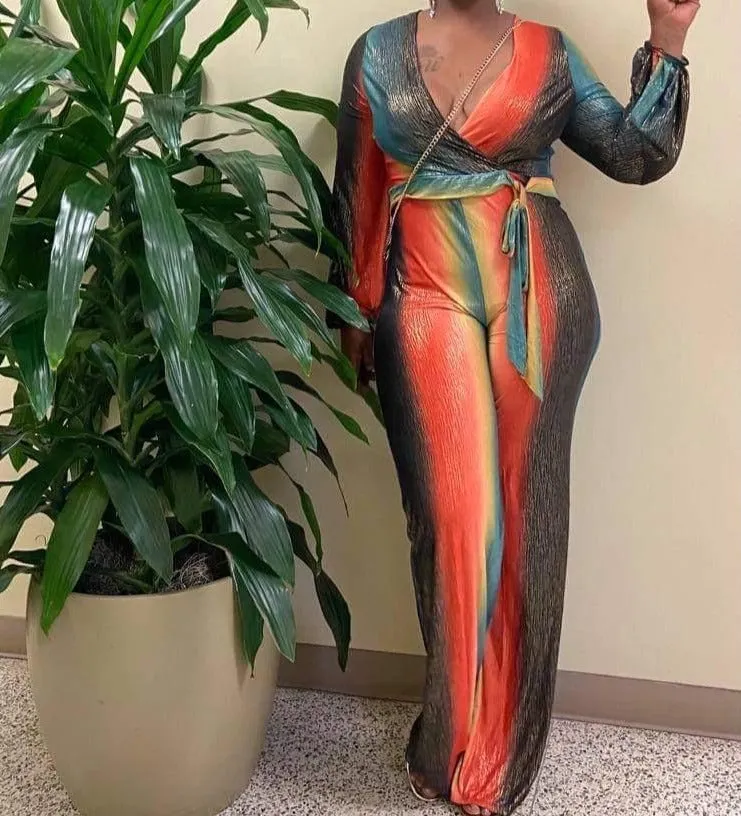 WOMEN FOIL PRINTED GRADIENT STRIPE JUMPSUIT