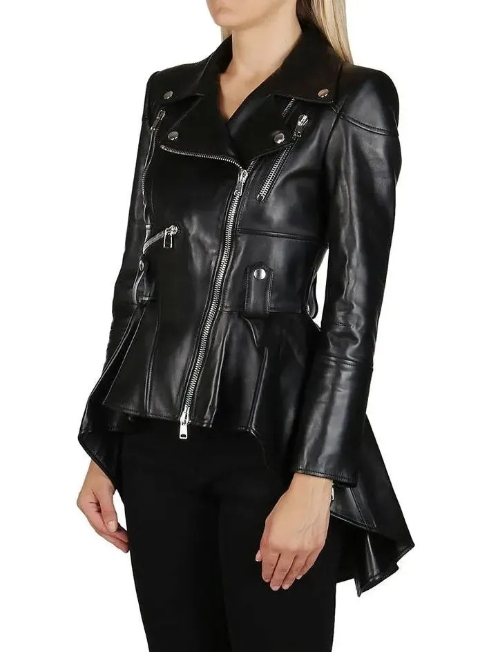 Women’s Asymmetric Peplum Leather Biker Jacket