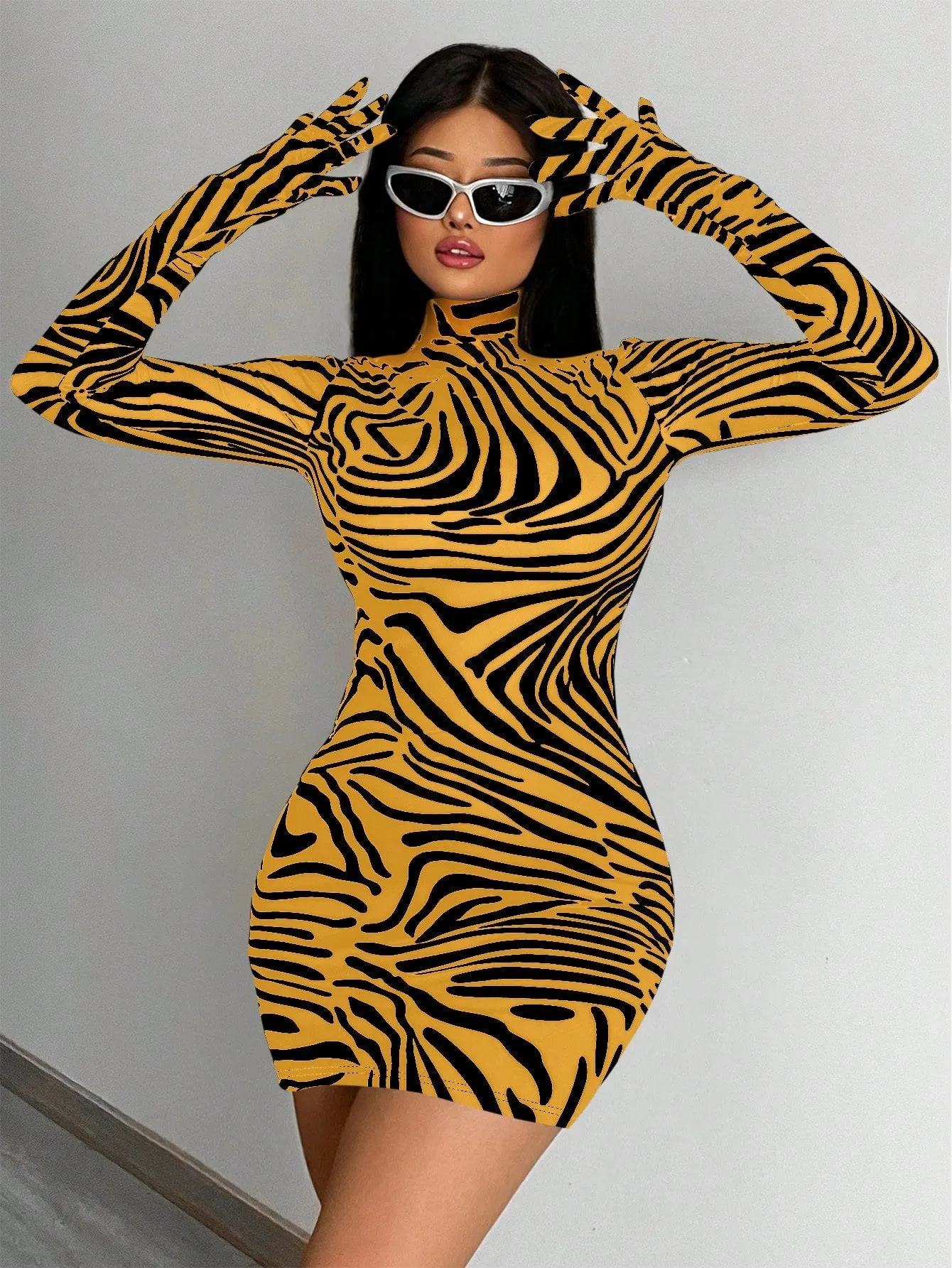 Zebra Print Glove Bodycon Mini Dress